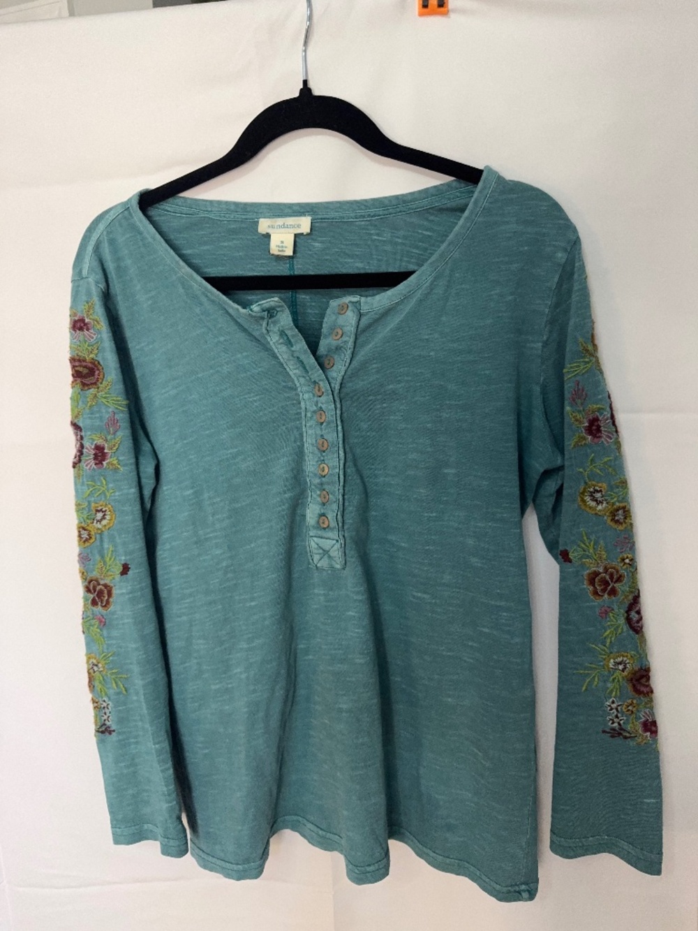 Sundance Teal Floral Embroidered Henley Top Size S Boho